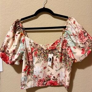 Buckle Floral Puff Sleeve Crop Top - Pink, Red, Light Blue